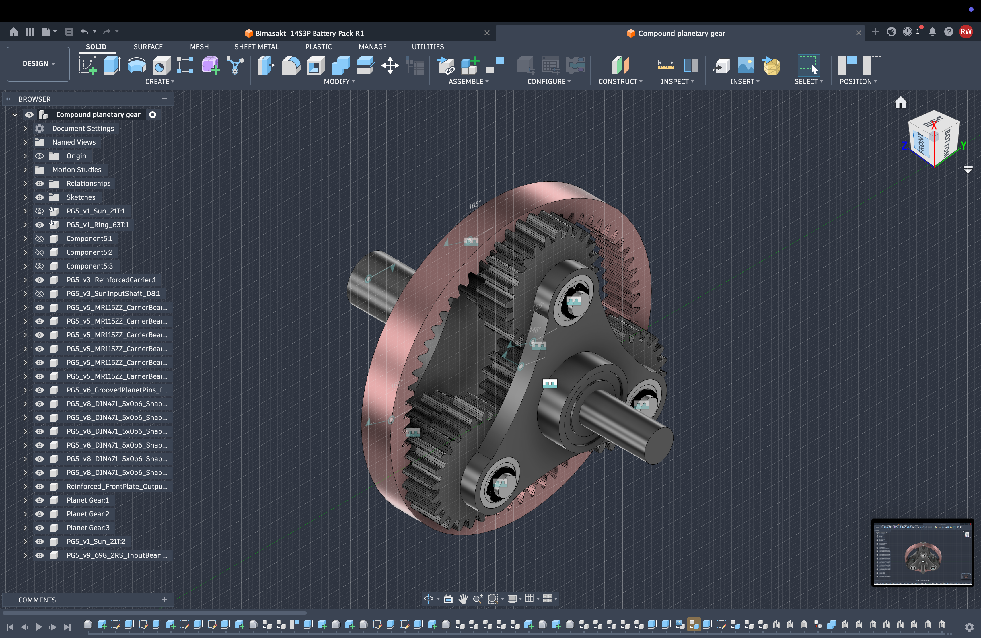 Pengembangan assembly Fusion yang menampilkan ring gear, roda planet, carrier, bearing, dan poros keluaran